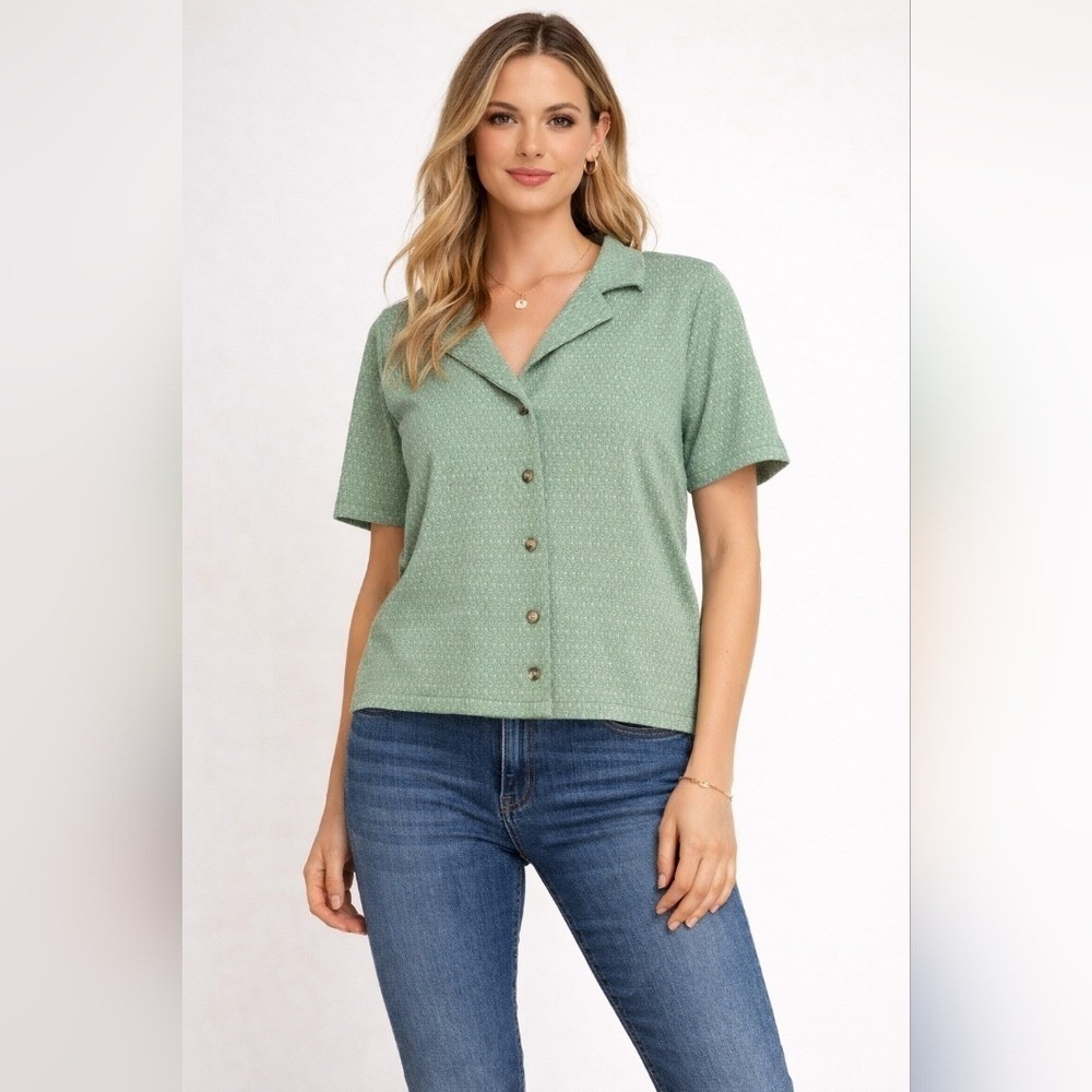 Madewell Button Up Shirt Womens XS Green Textured Camp Collar Short Sleeve Top